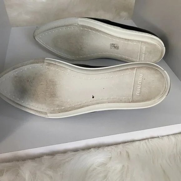 EUC MIU Black Silver Metal CapToe Leather Skate Slip on Sneakers Shoe 37 7 - Picture 6 of 10